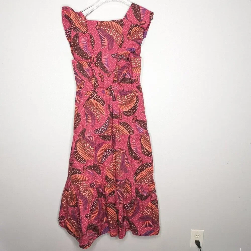 Farm Rio Pink Wild Bananas Print Ruffled Cotton Midi Dress New with Defect M